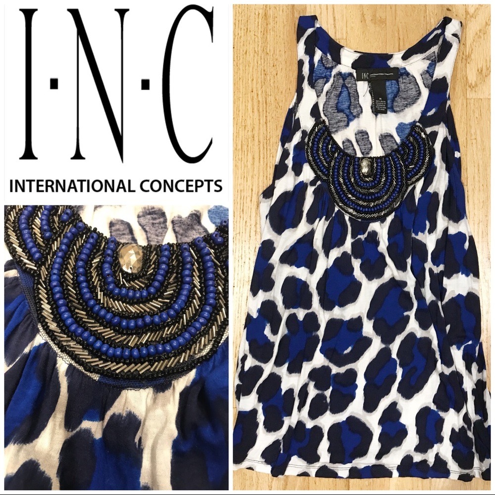 INC beaded petite M animal print stappy tank top